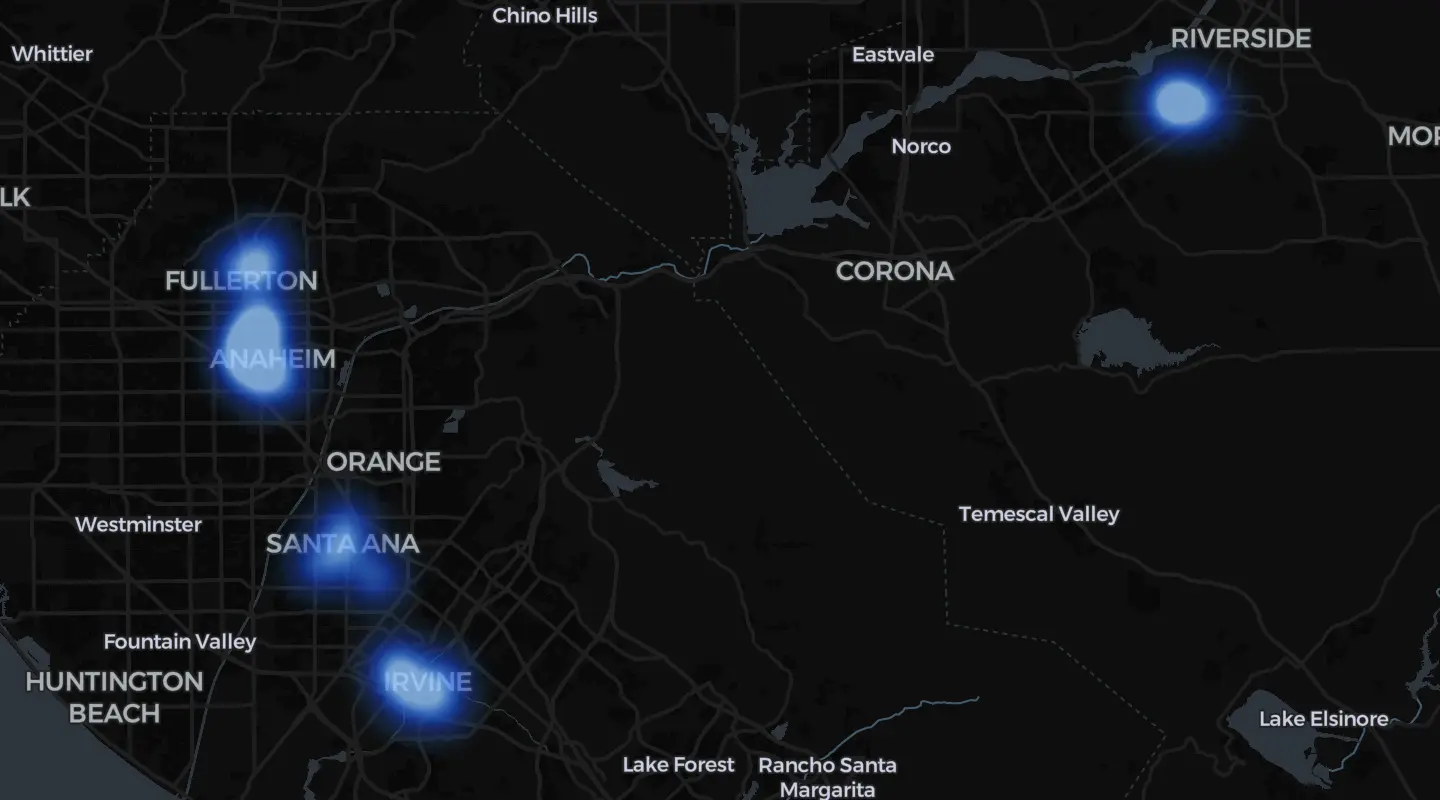 Request density heatmap over Anaheim, Santa Ana, Irvine and Orange County